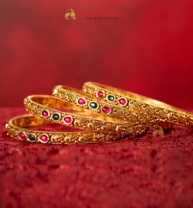 22K Ritzy Gold Bangles with Red & Green Stone Accents
